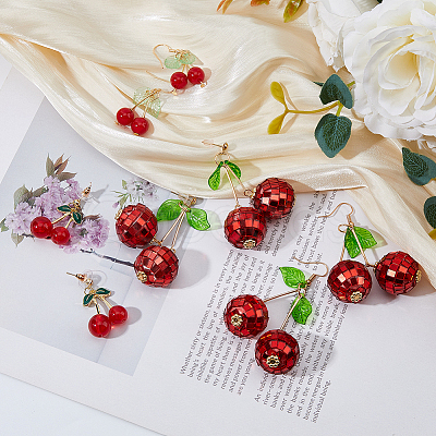 4 Pairs 4 Styles Foam & Glass & Acrylic Cherry Dangle Stud Earrings with Brass Pins EJEW-FI0002-88-1