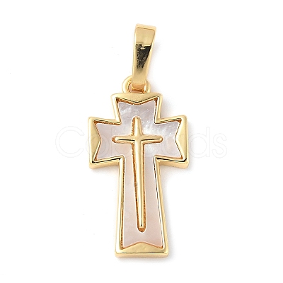Brass Pave Natural White Shell Pendants X-KK-S522-01B-G-1