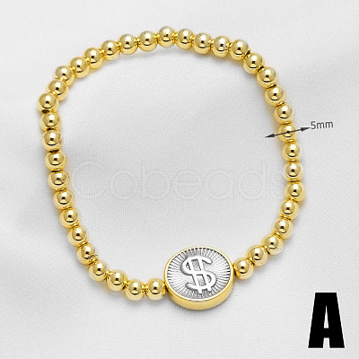 Duo Tone Brass Flat Round and Round Beaded Stretch Bracelets WGD7162-01-1