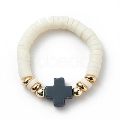 Polymer Clay Heishi & Synthetic Hematite & Synthetic Coral Cross Beaded Stretch Finger Ring for Women RJEW-JR00526-1