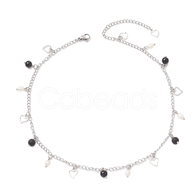 Natural Black Agate(Dyed & Heated) & Natural Pearl & 304 Stainless Steel Heart Tassel Curb Chain Necklaces NJEW-JN05342-1