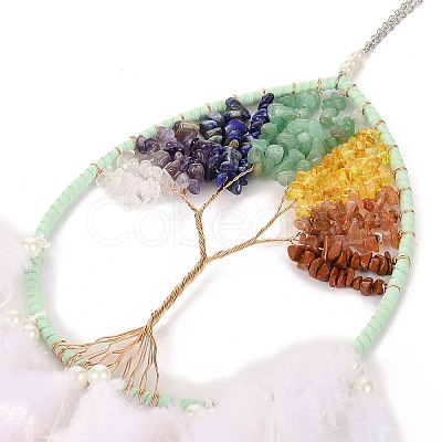Wire Wrapped Natural Gemstone Chip Teardrop with Tree of Life Wind Chime HJEW-K067-09P-01-1