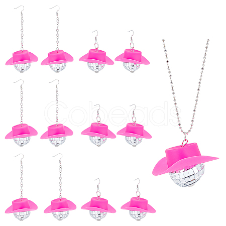 6 Pairs Plastic Cap with Glass Disco Ball Dangle Earrings & 1Pc Pendant Necklace SJEW-AN0001-10-1