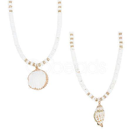 ANATTASOUL 2Pcs 2 Style Natural Shell Pendant Necklaces Set with Disc Beaded Chains for Women NJEW-AN0001-75-1