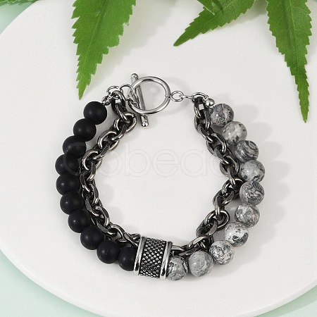 Natural Round Picasso Stone & Frosted Black Bead Bracelets BJEW-M081-01A-1