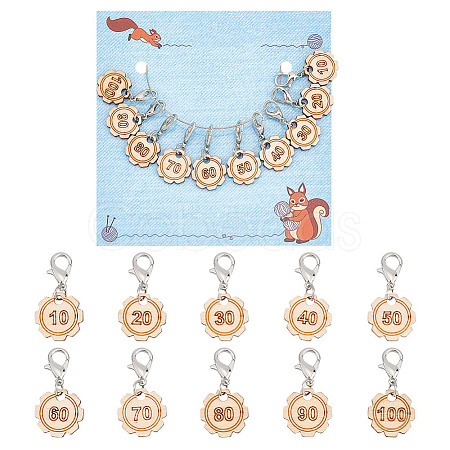 10Pcs 10 Style Flower with Number Wood Pendant Locking Stitch Markers HJEW-AB00644-1
