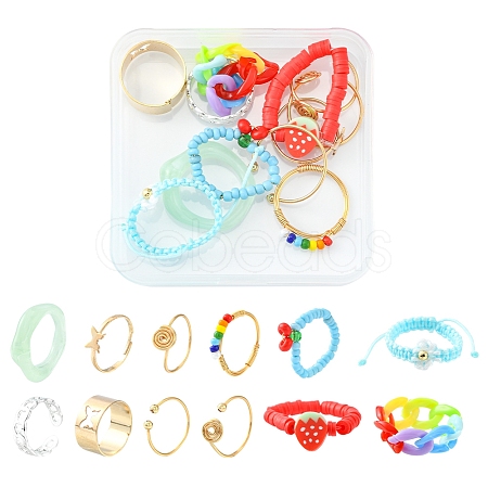 12Pcs 12 Style Cherry & Strawberry & Flower Glass Seed & Polymer Clay Heishi Beaded Stretch Finger Rings RJEW-YW0001-01-1