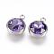 K9 Glass Rhinestone Pendants, February Birthstone Charms, with 304 Stainless Steel Findings, Flat Round, Medium Purple, 18x14x9mm, Hole: 2.5mm