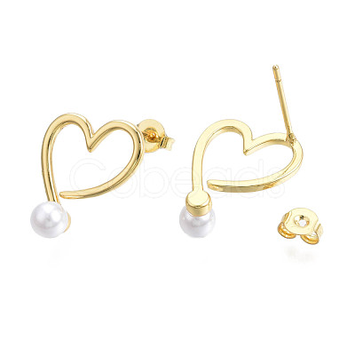 Brass Open Heart Stud Earrings with ABS Plastic Pearl for Women EJEW-N011-54LG-1