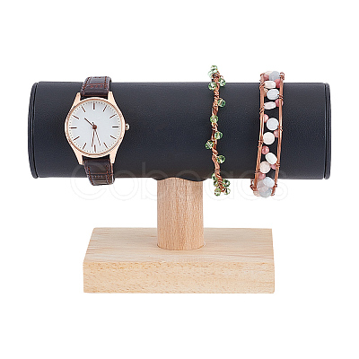 T-Shaped Bar PU Leather Bracelet Display Stands with Wooden Base AJEW-WH0471-127A-1