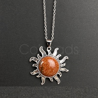 Synthetic Goldstone Sun Pendant Alloy Chain Vintage Necklaces WB3716-14-1