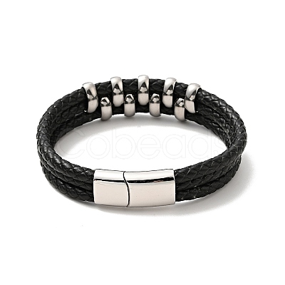 Leather Braided Triple Loops Multi-strand Bracelet with 304 Stainless Steel Magnetic Clasp for Men Women BJEW-C021-20-1