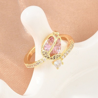 Flower Brass Micro Pave Cubic Zirconia Cuff Open Rings for Women CU-CBA0A21-06A-G-1