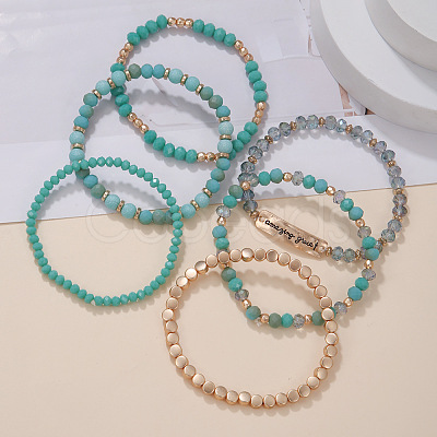 6Pcs 6 Styles Alloy Glass Rondelle Beaded Stretch Bracelets for Women FS-WG85505-01-1