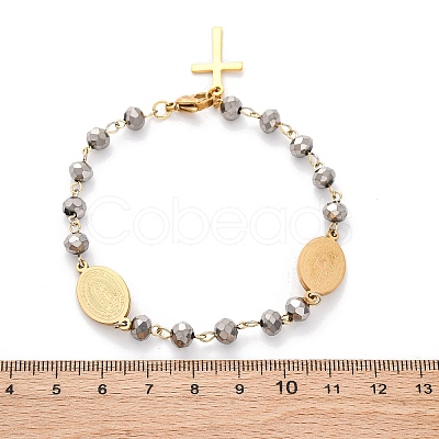 201 Stainless Steel & Electroplated Glass  Miraculous Medal Virgin Cross Charm Bracelets LS-BJEW-B078-163G-1