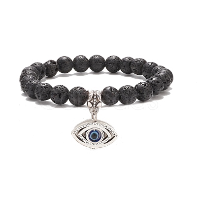 Natural Lava Rock Round Beaded Stretch Bracelet BJEW-JB08221-1