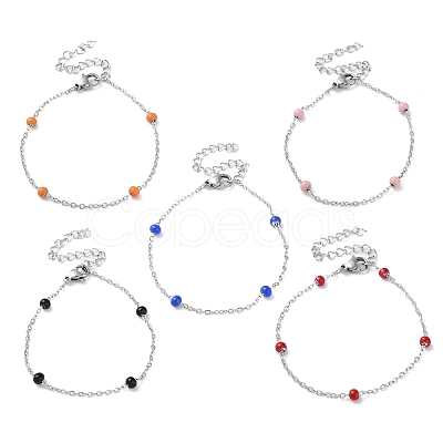304 Stainless Steel Cable Chain Bracelet with Enamel Rondelle Beaded BJEW-G683-02P-1