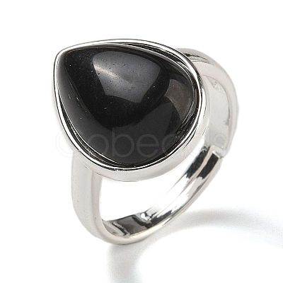 Natural Obsidian Teardrop Adjustable Rings RJEW-K371-08S-08-1