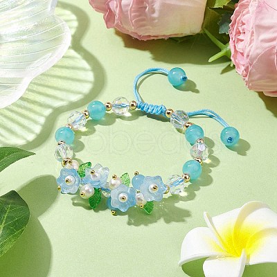 Flower Glass & Acrylic Braided Bead Adjustable Bracelets for Women BJEW-JB10446-01-1