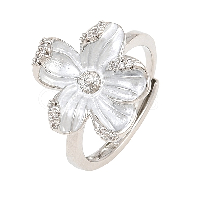 Flower Brass Micro Pave Cubic Zirconia & Enamel Cuff Ring Settings KK-CBAC351-06P-02-1