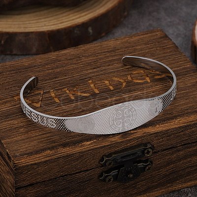 Religion Saint Benedict 201 Stainless Steel Cuff Bangles for Women BJEW-K301-01P-1