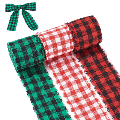3 Rolls 3 Colors Tartan Cotton Linen Frayed Ribbon OCOR-TAC0035-11A-1