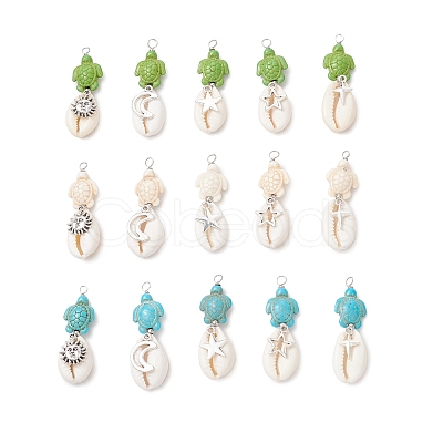 15Pcs 15 Styles Natural Cowrie Shell & Dyed Synthetic Turquoise Turtle Copper Wire Wrapped Pendants PALLOY-JF04034-1