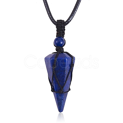 Natural Lapis Lazuli Cone Braided Pendant Necklace NJEW-SZ0001-59D-1