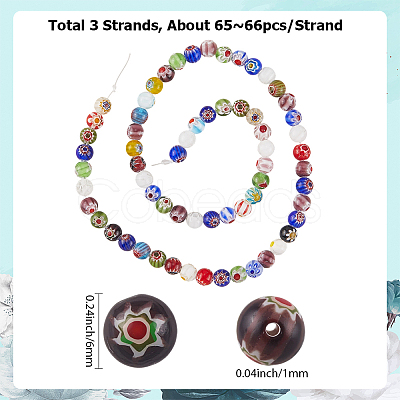 3 Strands Handmade Millefiori Glass Round Bead Strands LAMP-LT0001-16B-1