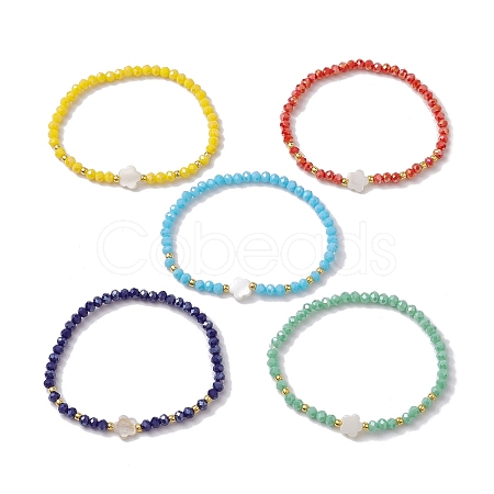 Flower Natural Shell & Glass & Seed Beaded Stretch Bracelet BJEW-JB10183-1