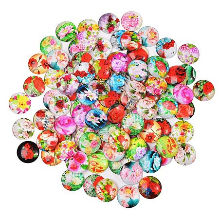 Flower Printed Glass Cabochons GGLA-SZ0001-15-1