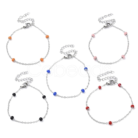 304 Stainless Steel Cable Chain Bracelet with Enamel Rondelle Beaded BJEW-G683-02P-1