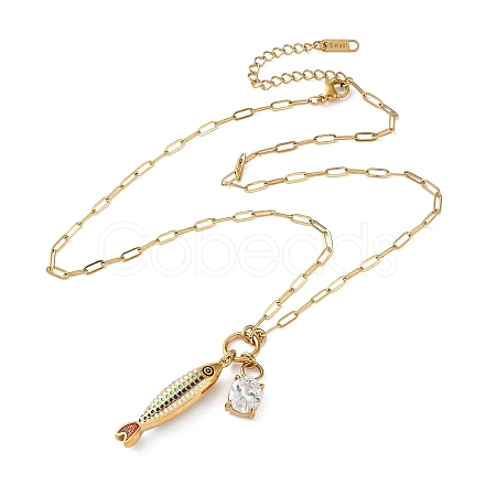 Ocean 304 Stainless Steel Enamel Fish Pendant Paperclip Chain Necklaces with Clear Cubic Zirconia SA-CBAD22F-07G-B-1