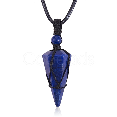 Natural Lapis Lazuli Cone Braided Pendant Necklace NJEW-SZ0001-59D-1
