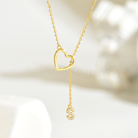 Simple 925 Sterling Silver Micro Pave Clear Cubic Zirconia Heart Alphabet Pendant Lariat Necklaces for Women HB6450-5-1