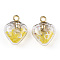 Glow in the Dark Luminous Glass Pendants, with Golden Plastic Pendant Bails and Resin Rhinestone Inside, Heart Charms, Yellow, 20x15x9mm, Hole: 2mm