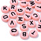 Opaque Acrylic Beads, Horizontal Hole, Flat Round with Black Random Letters, Pink, 10x4.5mm, Hole: 2mm