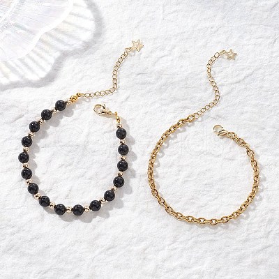 2Pcs 2 Styles Round Natural Obsidian & Synthetic Hematite Beaded Bracelets & 304 Stainless Steel Cable Chains Bracelets for Women BJEW-JB12800-02-1