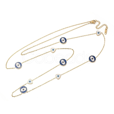 304 Stainless Steel Blue & White Enamel Evil Eye Link Chain Long Necklaces NJEW-V001-02G-1