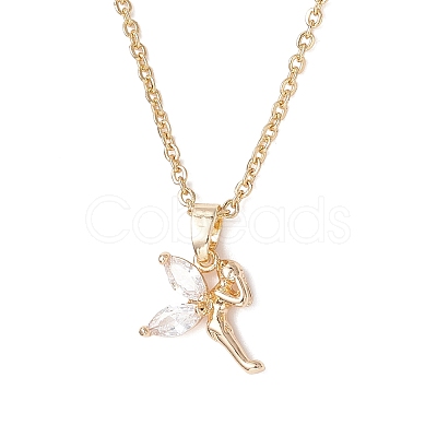 Fairy Brass Pave Clear Cubic Zirconia Pendant 304 Stainless Steel Cable Chain Necklaces for Women NJEW-JN05600-1