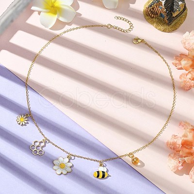 Flower & Bees & Honeycomb Alloy & Glass Pendant Necklaces X1-NJEW-TA00165-1