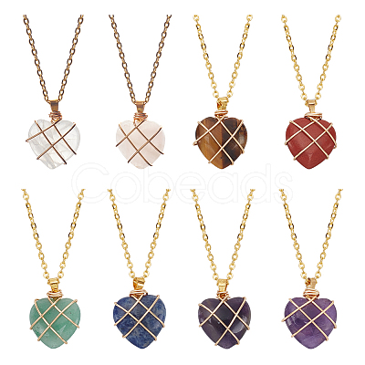 ANATTASOUL 8Pcs 8 Style Natural Mixed Gemstone Heart Pendant Necklaces Set NJEW-AN0001-48-1