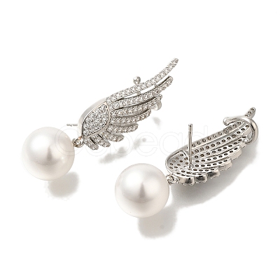 Rack Plating Feather Brass Micro Pave Clear Cubic Zirconia Stud Earrings EJEW-H016-12P-1