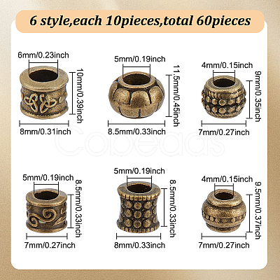 GOMAKERER 60Pcs 6 Styles Tibetan Style European Beads FIND-GO0001-27-1