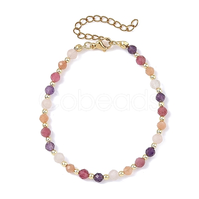 Natural Tourmaline & Rose Quartz & Sunstone & Amethyst Faceted Round Beaded Bracelets BJEW-JB14144-1
