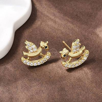 Brass Micro Pave Clear Cubic Zirconia Hobbyhorse Stud Earrings EJEW-F400-06G-1