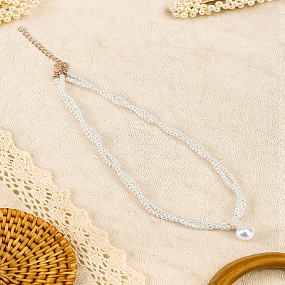 CCB Plastic & White Round Glass Pearl Beaded Double Layer Ball Pendant Necklaces NJEW-LP0007-31-1