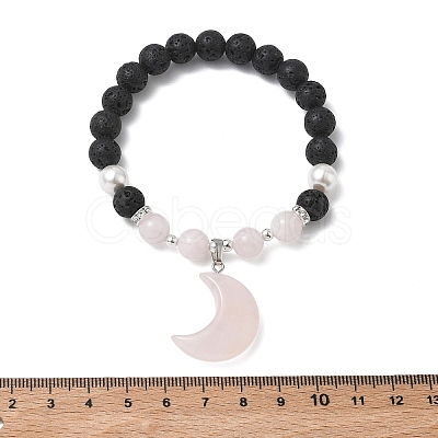 Natural Madagascar Rose Quartz & Lava Rock & Shell Pearl Charm Bracelets BJEW-JB13707-1