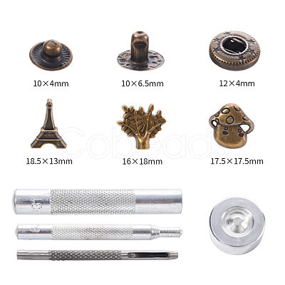 18 Sets Eiffel Tower & Tree & Mushroom Brass Leather Snap Buttons Fastener Kits SNAP-YW0001-07AB-1