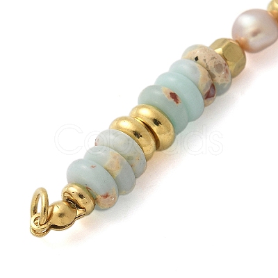 Natural Shoushan Stone & Plastic Imitation Pearl Disc Beaded Connector Charms/Links STAS-L277-11G-02-1